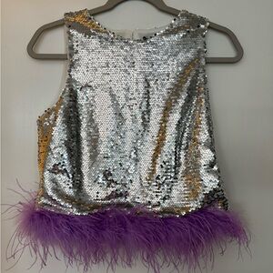 Lucy Paris Sequined Feather Crop Disco Top Small Silver Purple